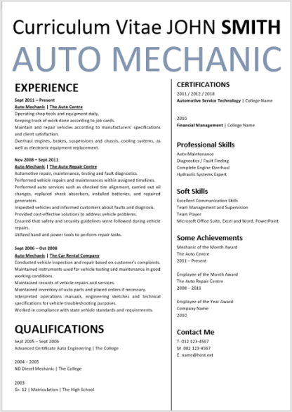 Auto Mechanic Curriculum Vitae