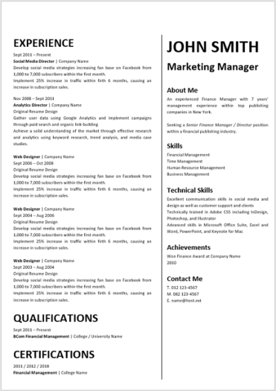 Marketing Manager Curriculum Vitae - Professional CV Templates