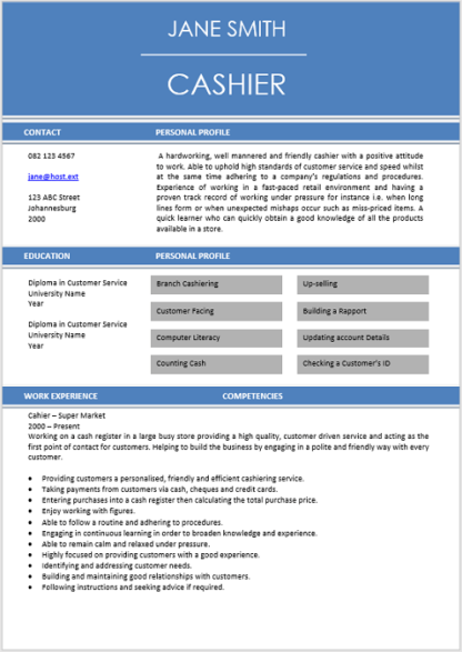 Cashier Curriculum Vitae