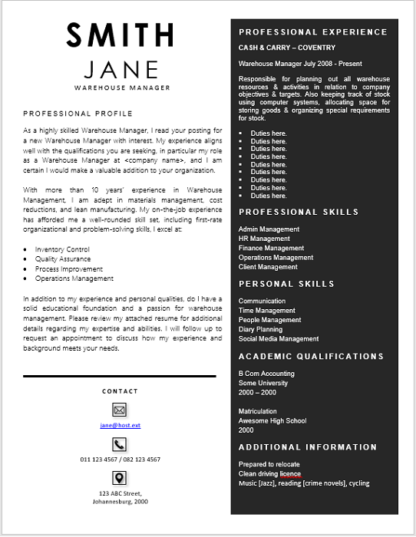 Warehouse Manager Curriculum Vitae