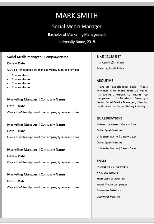 Media Manager Curriculum Vitae Professional Cv Zone Templates