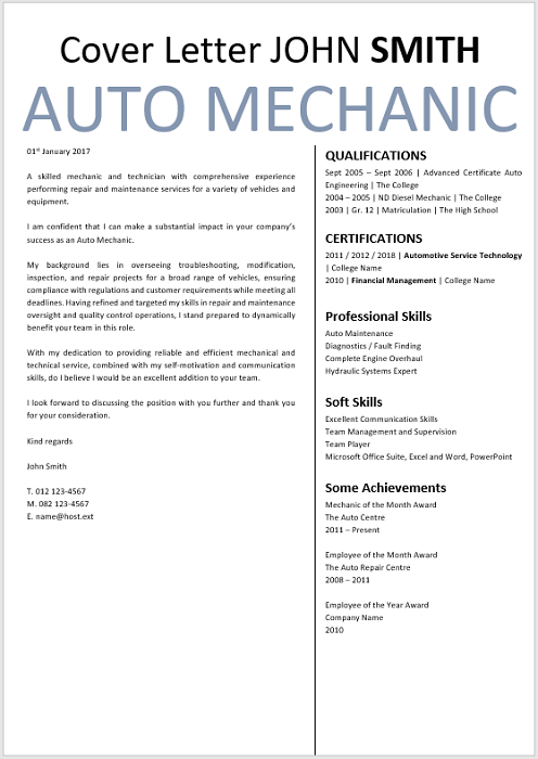Auto Mechanic Cover Letter - Professional CV Zone | Templates