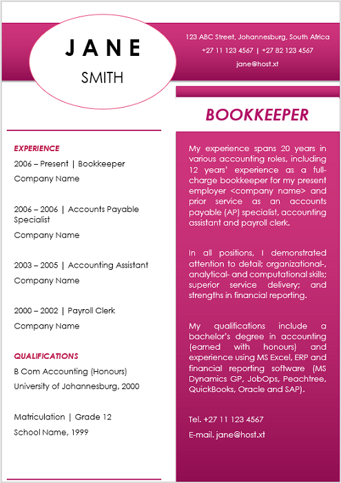 Modern 0008 Pink Curriculum Vitae - Professional CV Zone ...