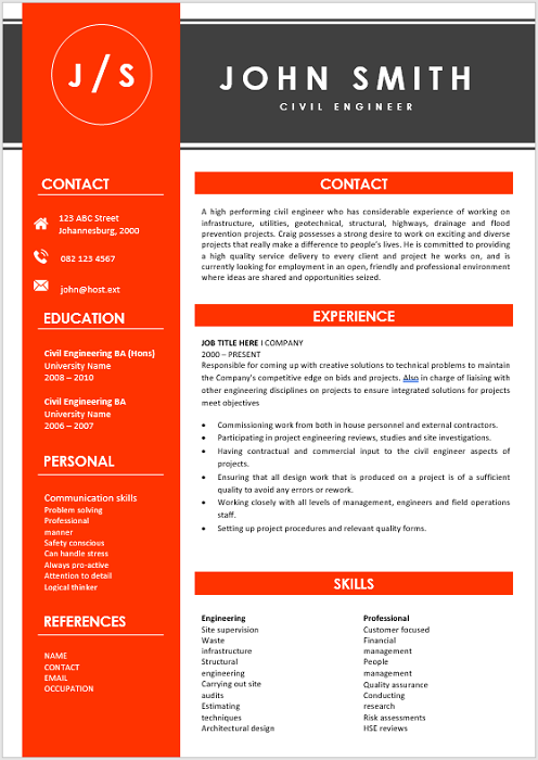 Civil Engineer Curriculum Vitae Professional Cv Zone Templates